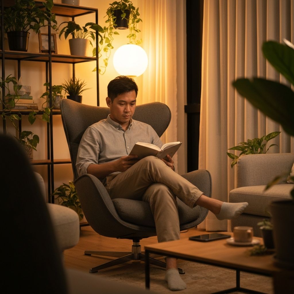 Man reading book at home